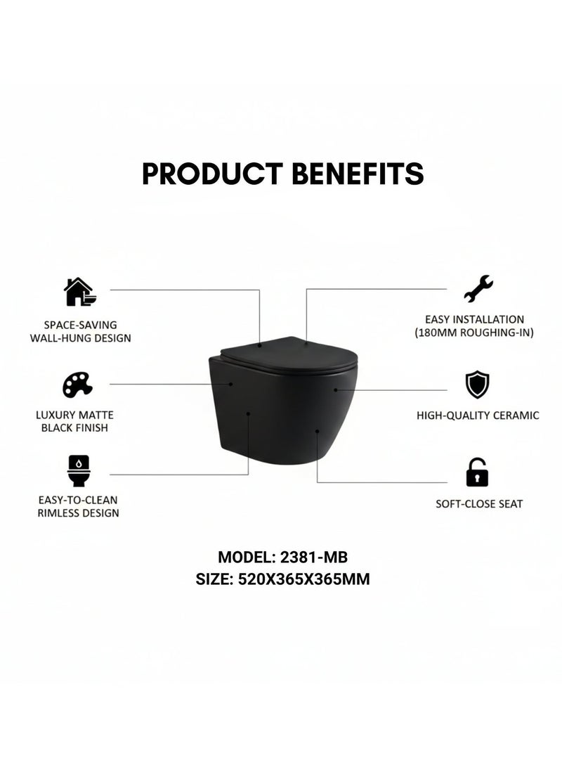 بيور مرحاض جداري مدمج من Pure لون أسود مطفي | تصميم مخفي عصري | مقعد إغلاق ناعم | سيراميك سهل التنظيف - Image 2